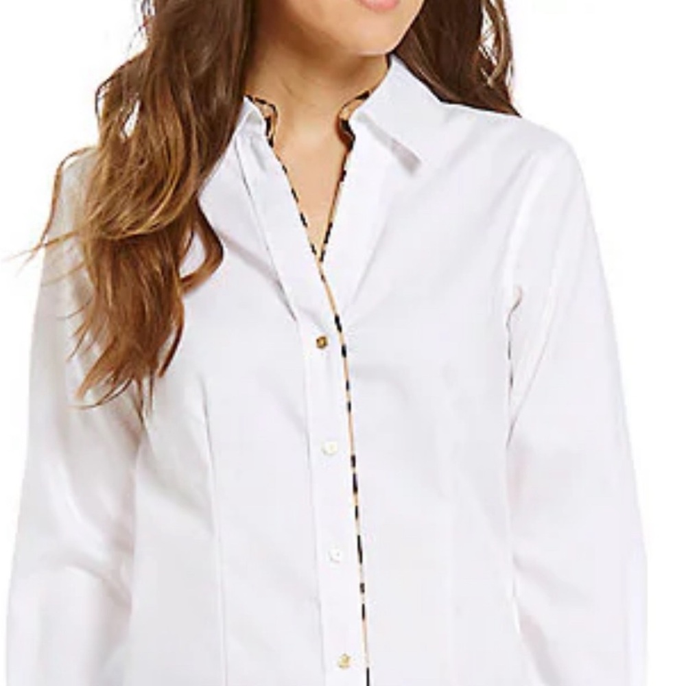 🔥 EUC CK Button Cuff Leopard Trim Wrinkle Free Oxford Shirt 😍 AS SEEN ON TV!